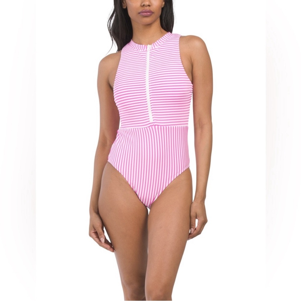 NWT Splendid seersucker pink and white striped zip front high neck swimsuit